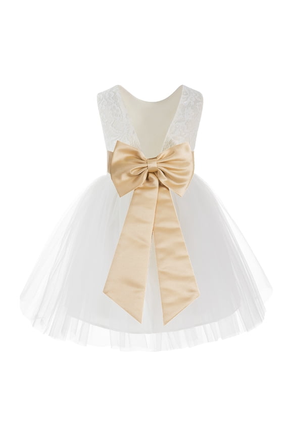 Girl Communion Flower Girl Dress - Knee Length Backless Ivory Lace Dress with Tiebow 206T-A (Size: S-10)