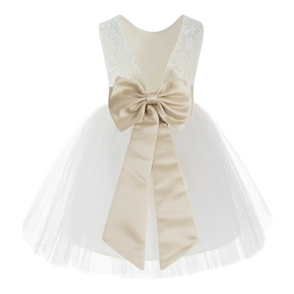 Ekidsbridal Girl Communion Flower Girl Dress - Knee Length Backless Ivory Lace Dress with Tiebow 206T-A (Size: S-10)