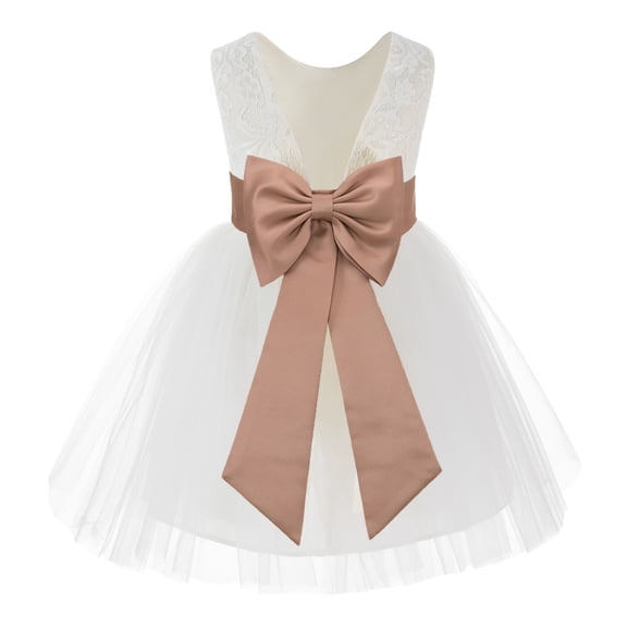 Ekidsbridal Girl Communion Flower Girl Dress - Knee Length Backless Ivory Lace Dress with Tiebow 206T-A (Size: S-10)