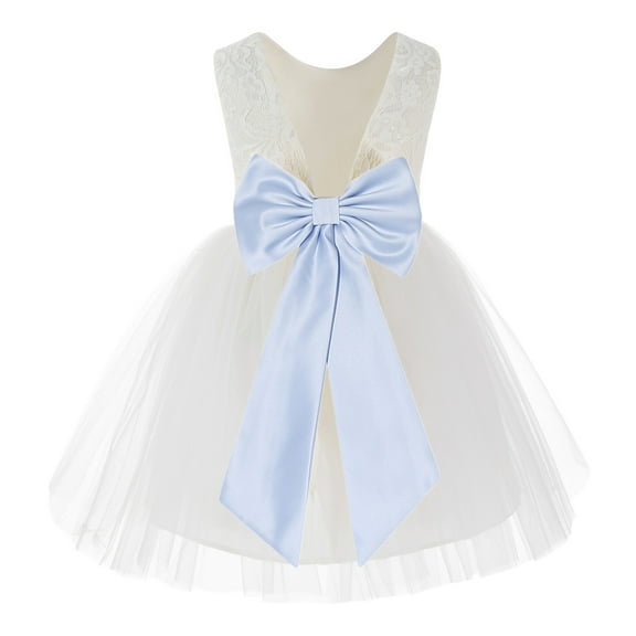 Ekidsbridal Girl Communion Flower Girl Dress - Knee Length Backless Ivory Lace Dress with Tiebow 206T-A (Size: S-10)