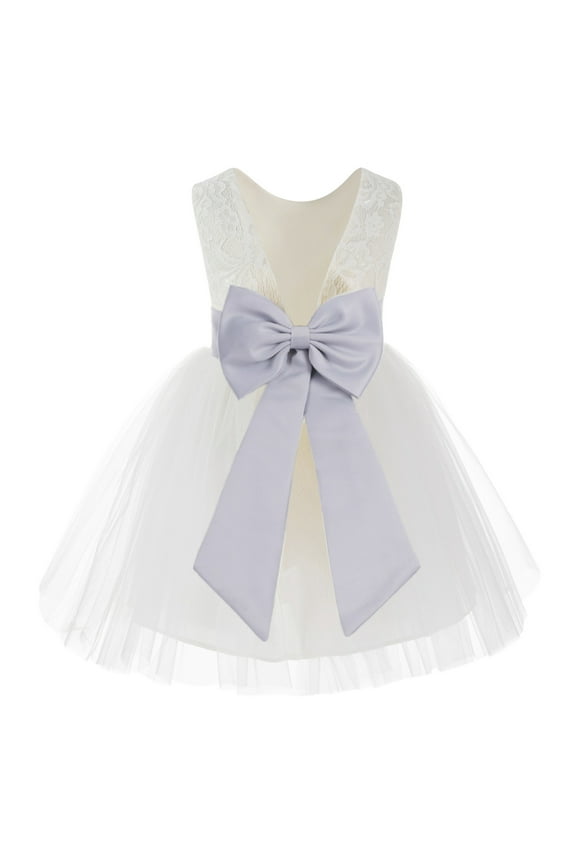 Girl Communion Flower Girl Dress - Knee Length Backless Ivory Lace Dress with Tiebow 206T-A (Size: S-10)