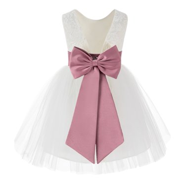 Ekidsbridal Girl Communion Flower Girl Dress - Knee Length Backless Ivory Lace Dress with Tiebow 206T-A (Size: S-10)