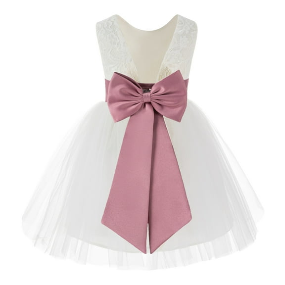 Ekidsbridal Girl Communion Flower Girl Dress - Knee Length Backless Ivory Lace Dress with Tiebow 206T-A (Size: S-10)