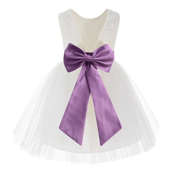 Ekidsbridal Girl Communion Flower Girl Dress - Knee Length Backless Ivory Lace Dress with Tiebow 206T-A (Size: S-10)