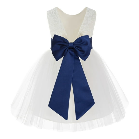 Ekidsbridal Girl Communion Flower Girl Dress - Knee Length Backless Ivory Lace Dress with Tiebow 206T-A (Size: S-10)