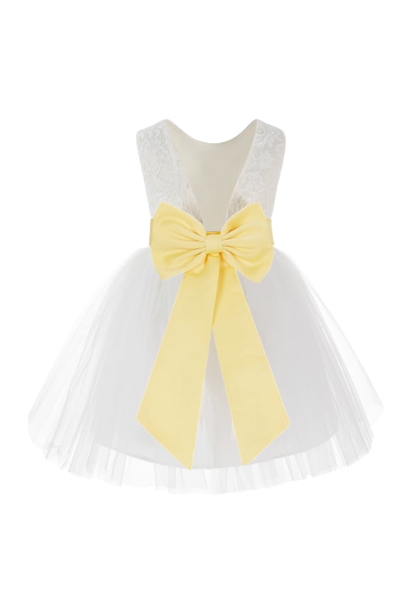 Girl Communion Flower Girl Dress - Knee Length Backless Ivory Lace Dress with Tiebow 206T-A (Size: S-10)