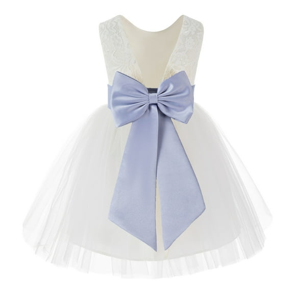 Ekidsbridal Girl Communion Flower Girl Dress - Knee Length Backless Ivory Lace Dress with Tiebow 206T-A (Size: S-10)