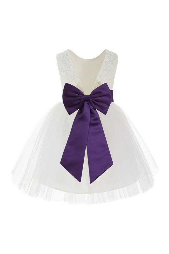 Girl Communion Flower Girl Dress - Knee Length Backless Ivory Lace Dress with Tiebow 206T-A (Size: S-10)