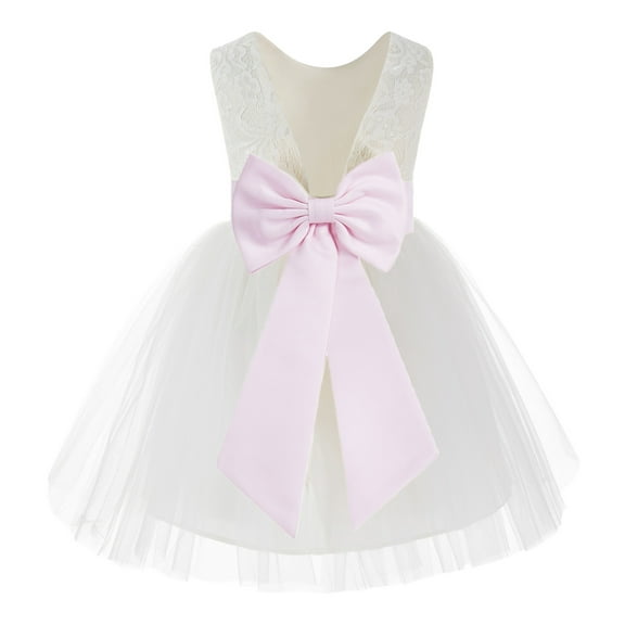 Ekidsbridal Girl Communion Flower Girl Dress - Knee Length Backless Ivory Lace Dress with Tiebow 206T-A (Size: S-10)