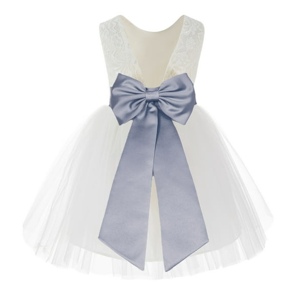 Ekidsbridal Girl Communion Flower Girl Dress - Knee Length Backless Ivory Lace Dress with Tiebow 206T-A (Size: S-10)