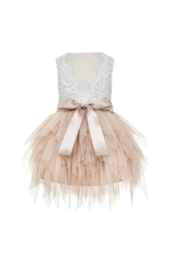 Girl Flower Girl Dress - Backless Lace Tiered Tulle Knee Length LG6-A (Size: S-8)