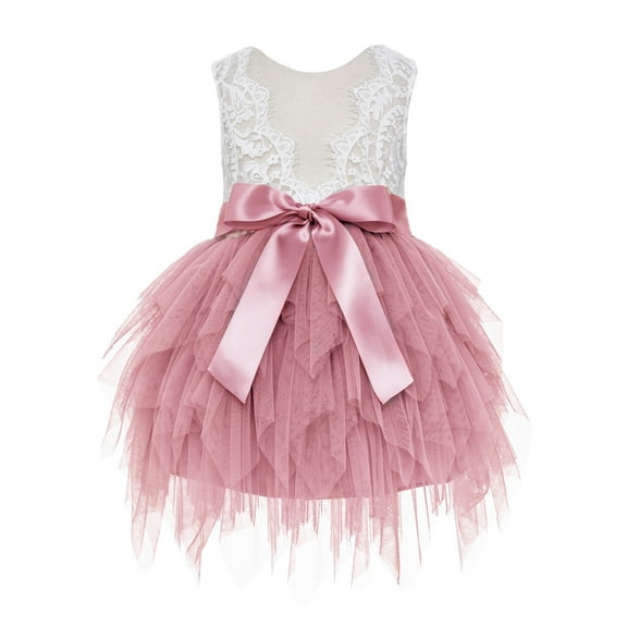 Ekidsbridal Girl Flower Girl Dress - Backless Lace Tiered Tulle Knee Length LG6-A (Size: S-8)