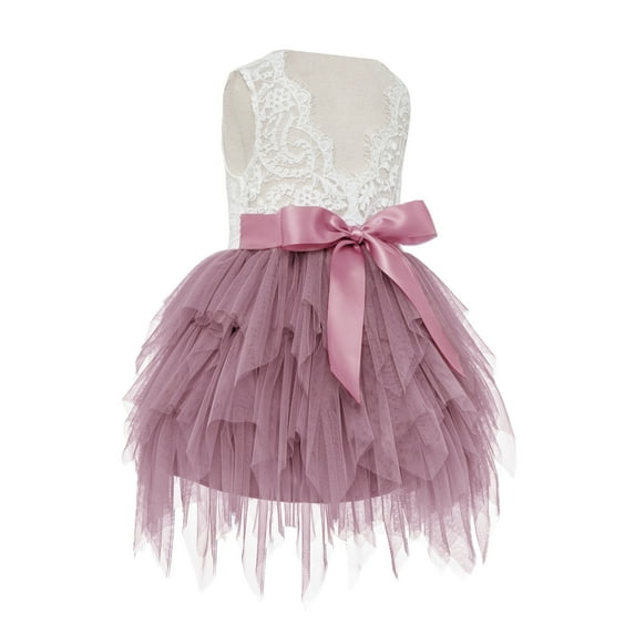 Ekidsbridal Girl Flower Girl Dress - Backless Lace Tiered Tulle Knee Length LG6-A (Size: S-8)