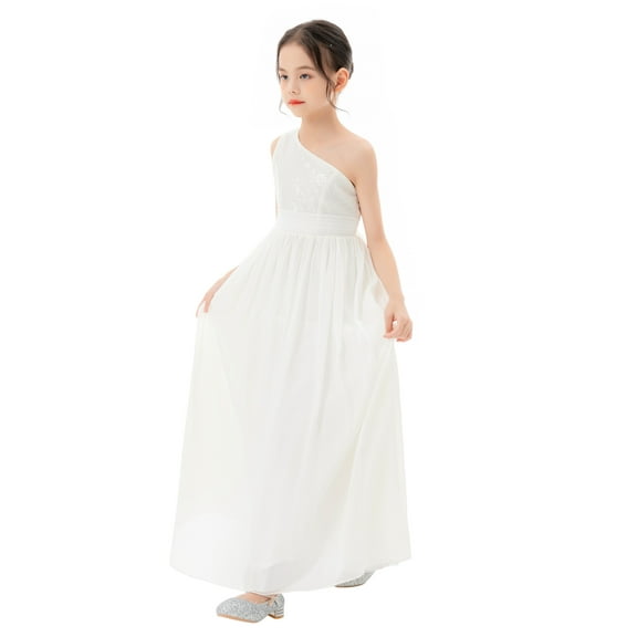 Ekidsbridal Girl Formal Flower Girl Dress - One Shoulder Sequins A-Line Chiffon 328-A (Size: 4-14)