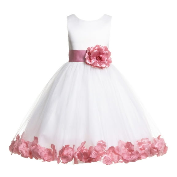 Ekidsbridal Girl Formal Flower Girl Dress - White Floral Rose Petals Dress with Tiebow 302T-A (Size: S-16)