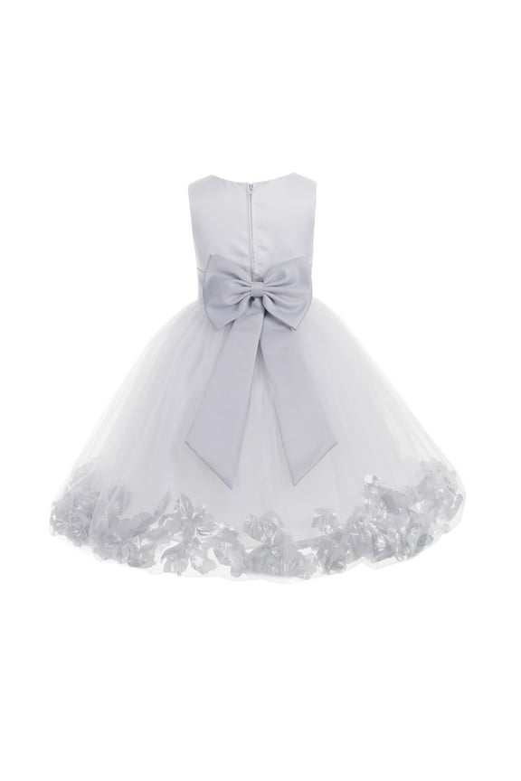 Girl Formal Flower Girl Dress - White Floral Rose Petals Dress with Tiebow 302T-A (Size: S-16)