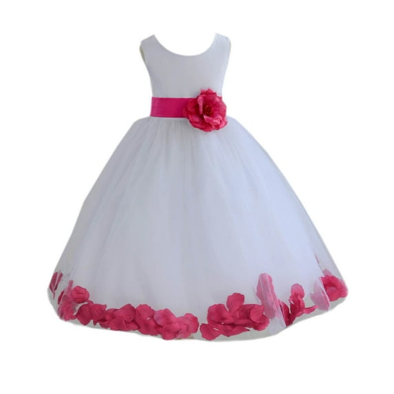 Ekidsbridal Girl Formal Flower Girl Dress - White Floral Rose Petals Dress with Tiebow 302T-A (Size: S-16)