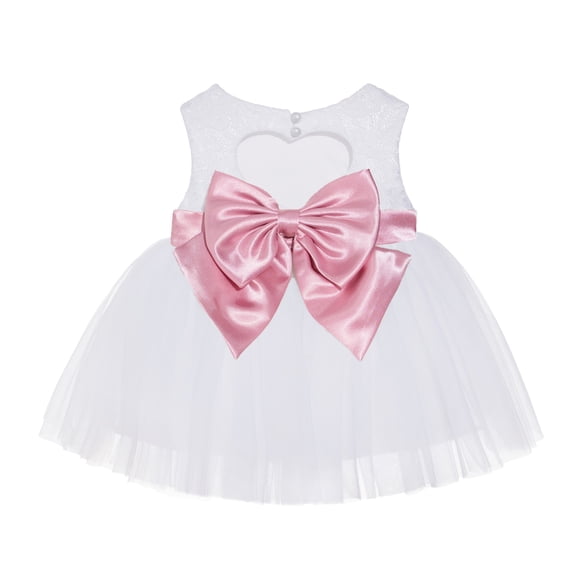 Ekidsbridal Girl Mini Bridal Flower Girl Dress - Baby White Lace Heart Cutout with Bow Sash BB1-A (Size: XS-L)