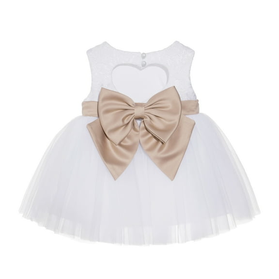 Ekidsbridal Girl Mini Bridal Flower Girl Dress - Baby White Lace Heart Cutout with Bow Sash BB1-A (Size: XS-L)