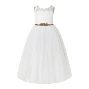 Ekidsbridal Girl Mini Bridal Flower Girl Dress - Ivory A-Line Lace Tulle Keyhole Back with Rhinestone Sash 178R1-A (Size: 2-12)