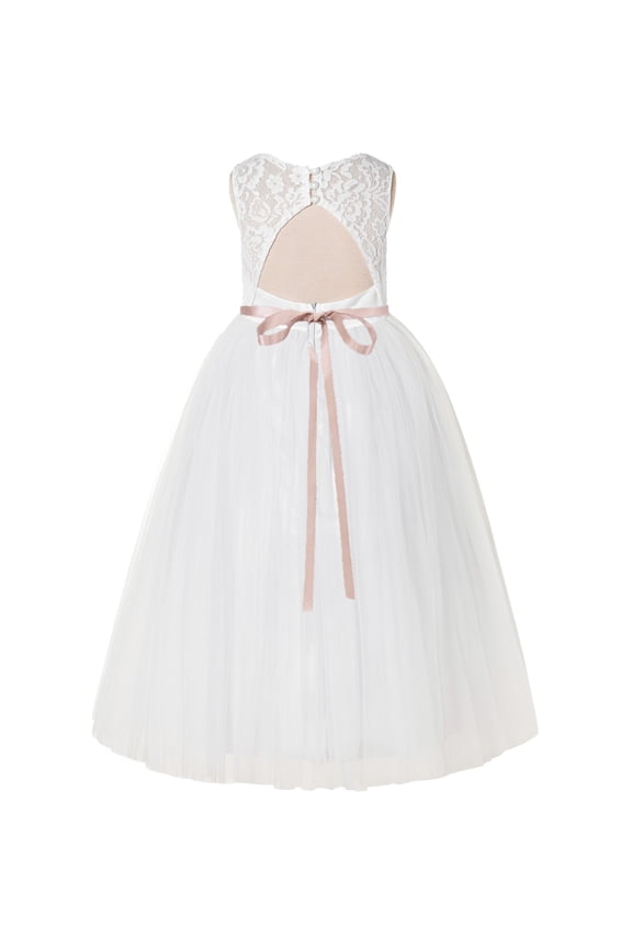 Girl Mini Bridal Flower Girl Dress - Ivory A-Line Lace Tulle Keyhole Back with Rhinestone Sash 178R1-A (Size: 2-12)