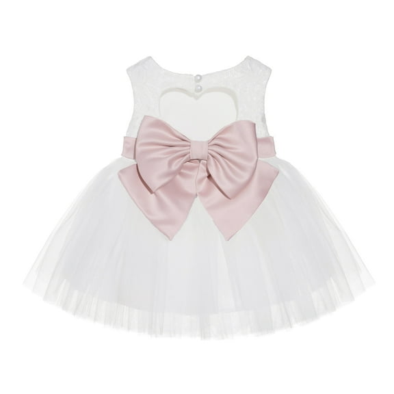 Ekidsbridal Girl Mini Bridal Flower Girl Dress - Knee Length Heart Cutout Ivory Lace Tulle BB1-A (Size: XS-L)