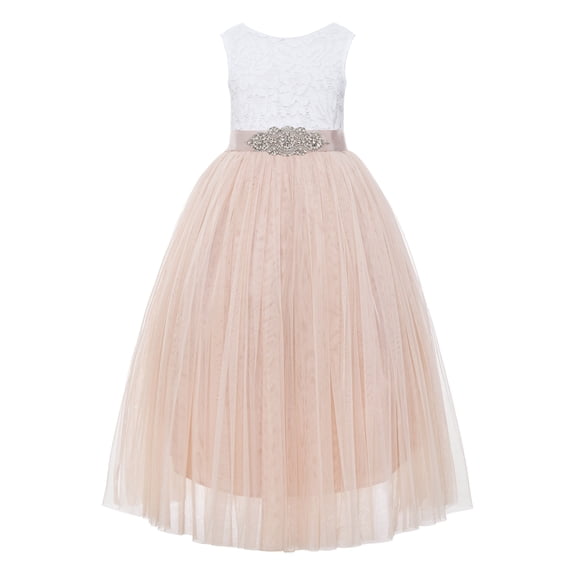 Ekidsbridal Girl Pageant Flower Girl Dress - Backless Floral Lace Floor Length Tulle 207R3-A (Size: M-10)