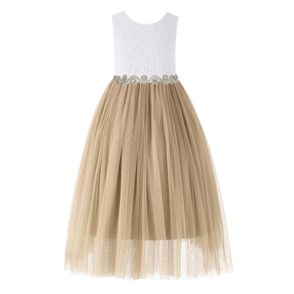 Ekidsbridal Girl Pageant Flower Girl Dress - Backless Scalloped Lace with Rhinestone Sash 207R2-A (Size: M-10)