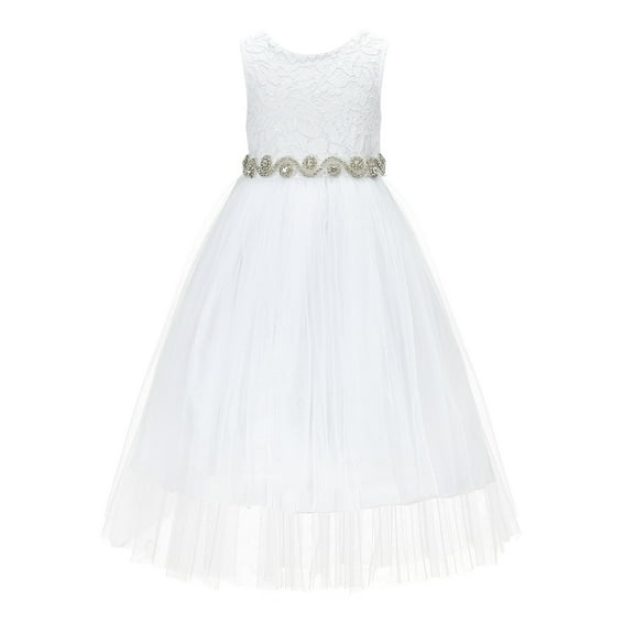 Ekidsbridal Girl Pageant Flower Girl Dress - Backless Scalloped Lace with Rhinestone Sash 207R2-A (Size: M-10)