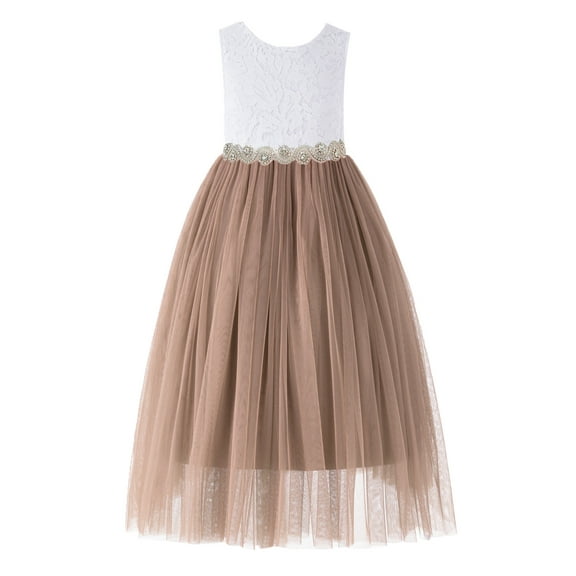 Ekidsbridal Girl Pageant Flower Girl Dress - Backless Scalloped Lace with Rhinestone Sash 207R2-A (Size: M-10)