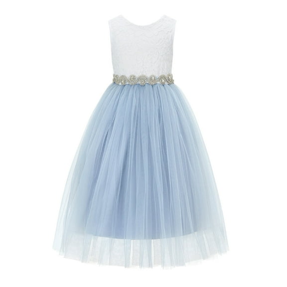 Ekidsbridal Girl Pageant Flower Girl Dress - Backless Scalloped Lace with Rhinestone Sash 207R2-A (Size: M-10)