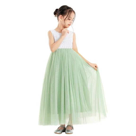 Ekidsbridal Girl Pageant Flower Girl Dress - Floor Length V-Back Lace Tulle 207R-A (Size: M-10)