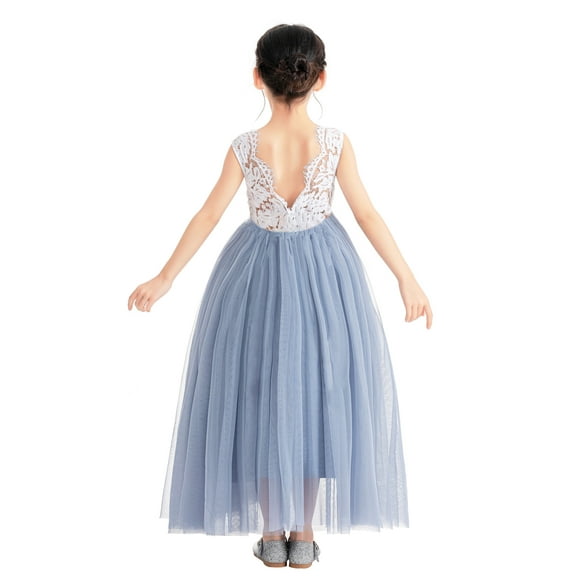 Ekidsbridal Girl Pageant Flower Girl Dress - Floor Length V-Back Lace Tulle 207R-A (Size: M-10)