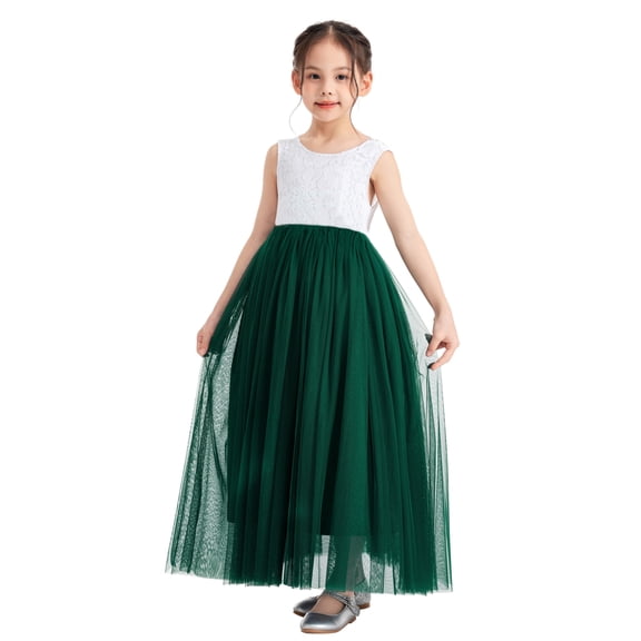 Ekidsbridal Girl Pageant Flower Girl Dress - Floor Length V-Back Lace Tulle 207R-A (Size: M-10)