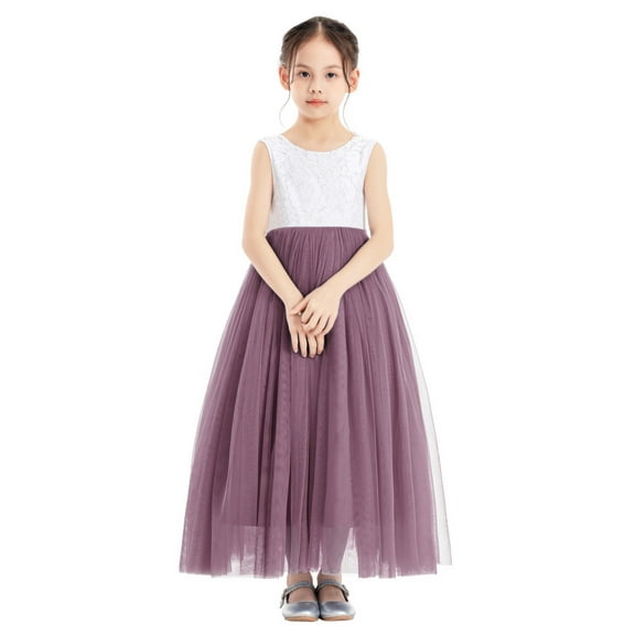 Ekidsbridal Girl Pageant Flower Girl Dress - Floor Length V-Back Lace Tulle 207R-A (Size: M-10)