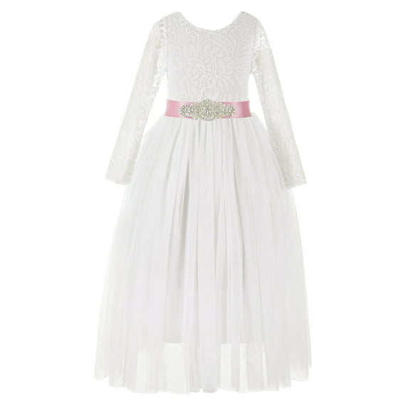 Ekidsbridal Girl Pageant Flower Girl Dress - Ivory Backless Lace A-Line Tulle with Rhinestone Sash 290R3-A (Size: M-10)