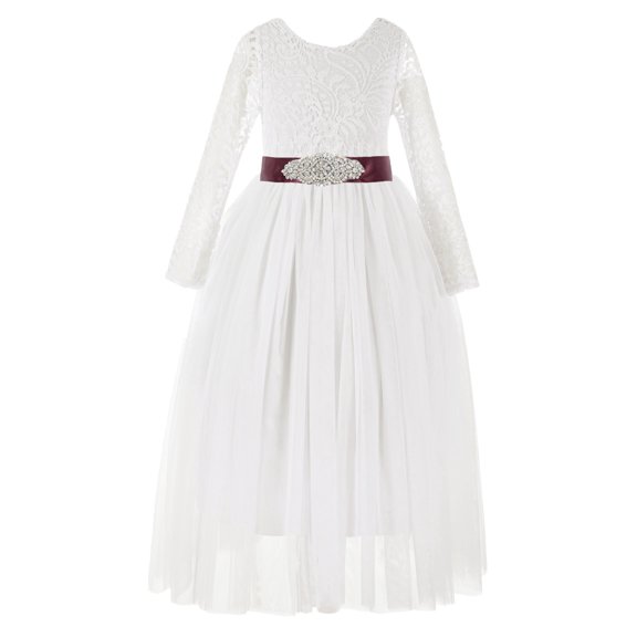 Ekidsbridal Girl Pageant Flower Girl Dress - Ivory Backless Lace A-Line Tulle with Rhinestone Sash 290R3-A (Size: M-10)