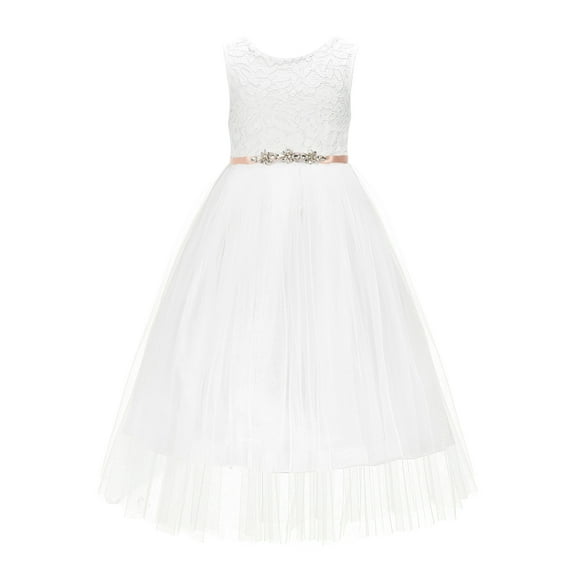 Ekidsbridal Girl Pageant Flower Girl Dress - Ivory Floral Lace V-Back Tulle with Rhinestone Ribbon 207R4-A (Size: M-10)