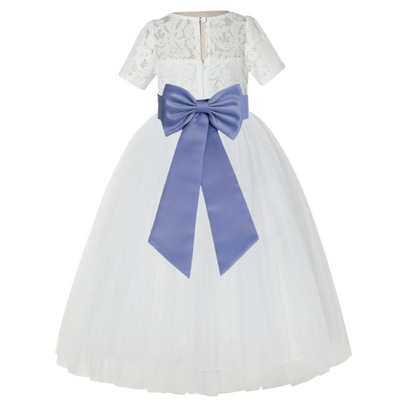 Ekidsbridal Girl Pageant Flower Girl Dress - Ivory Illusion Lace Short Sleeve LG2T-A (Size: 2-12)