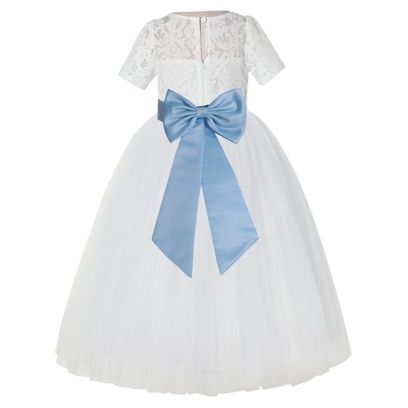 Ekidsbridal Girl Pageant Flower Girl Dress - Ivory Illusion Lace Short Sleeve LG2T-A (Size: 2-12)