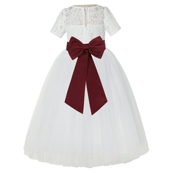 Ekidsbridal Girl Pageant Flower Girl Dress - Ivory Illusion Lace Short Sleeve LG2T-A (Size: 2-12)