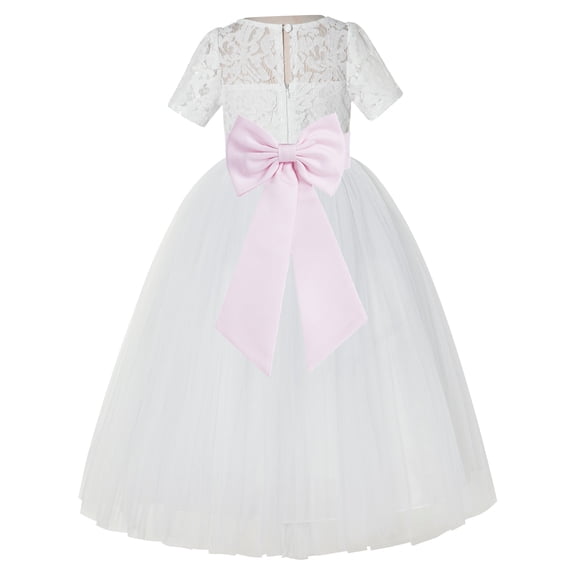 Ekidsbridal Girl Pageant Flower Girl Dress - Ivory Illusion Lace Short Sleeve LG2T-A (Size: 2-12)