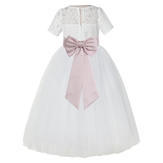 Ekidsbridal Girl Pageant Flower Girl Dress - Ivory Illusion Lace Short Sleeve LG2T-A (Size: 2-12)