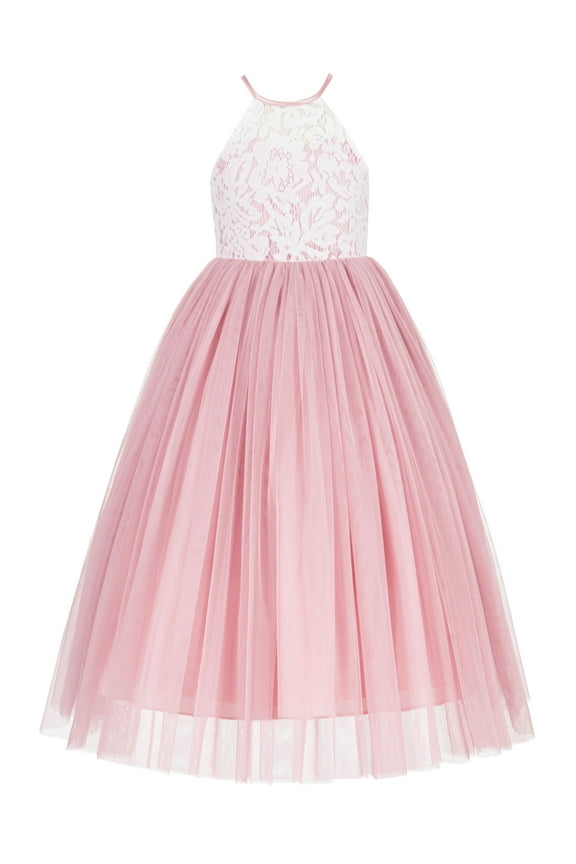 Girl Pageant Flower Girl Dress - Lace Halter Top with Tulle Flower Girl Dress 213-A (Size: 2-10)