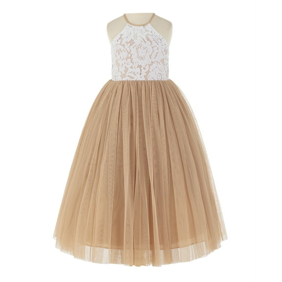 Ekidsbridal Girl Pageant Flower Girl Dress - Lace Halter Top with Tulle Flower Girl Dress 213-A (Size: 2-10)