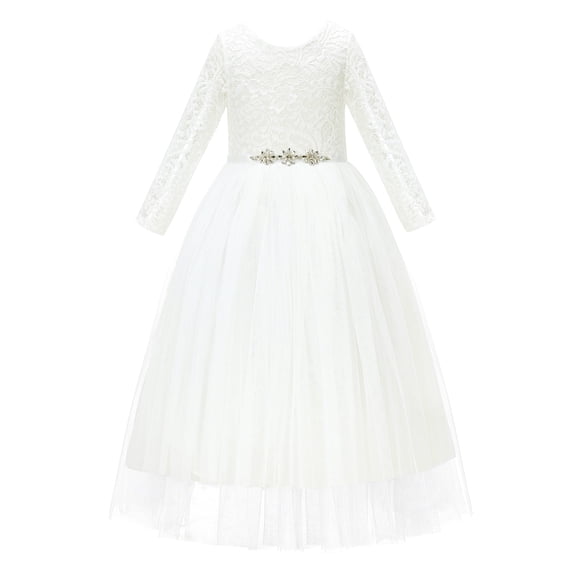Ekidsbridal Girl Pageant Flower Girl Dress - Long Sleeves A-Line Lace V-Back Tulle 290R4-A (Size: M-10)