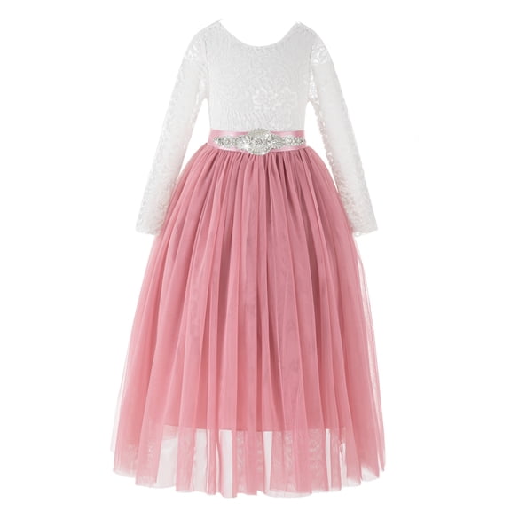 Ekidsbridal Girl Pageant Flower Girl Dress - Long Sleeves Scalloped Lace A-Line Tulle 290R7-A (Size: M-10)