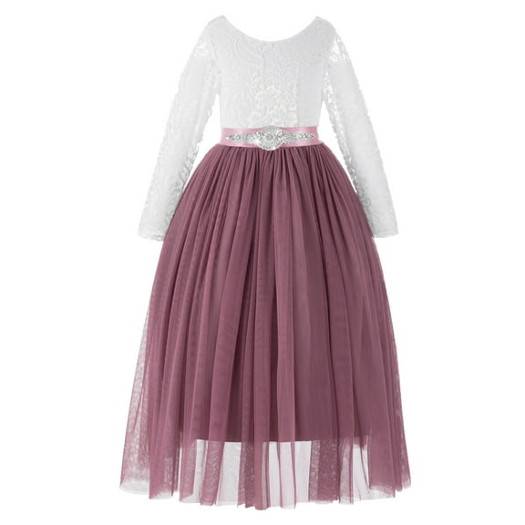 Ekidsbridal Girl Pageant Flower Girl Dress - Long Sleeves Scalloped Lace A-Line Tulle 290R7-A (Size: M-10)