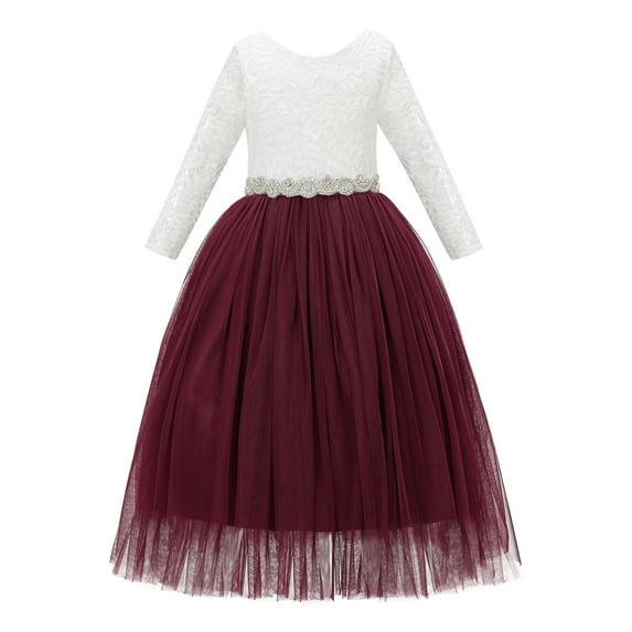 Ekidsbridal Girl Pageant Flower Girl Dress - Long Sleeves V-Back Lace with Rhinestone Sash 290R2-A (Size: M-10)