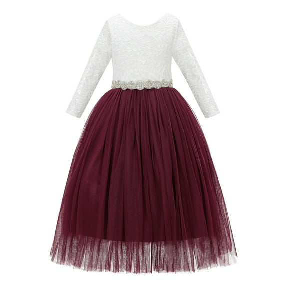 Ekidsbridal Girl Pageant Flower Girl Dress - Long Sleeves V-Back Lace with Rhinestone Sash 290R2-A (Size: M-10)